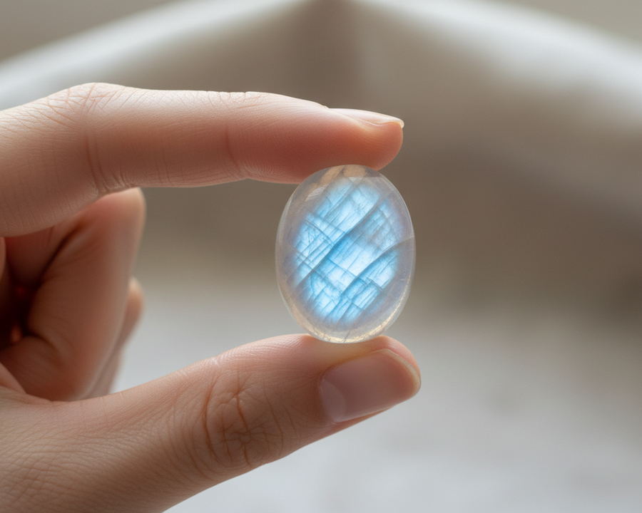 Pierre de lune naturelle tenue dans une main pour illustrer l’identification d’une vraie pierre